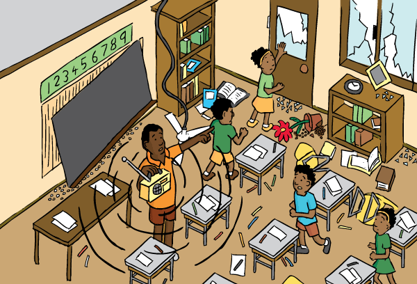 High angle cartoon school classroom earthquake. Drawing of teaching telling students to evacuate the classroom.