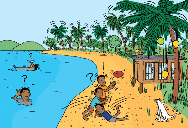 Cartoon kids playing footy on beach. Papua New Guinea drawing.