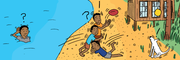 Cartoon drawing of kids playing rugby league footy on a beach.