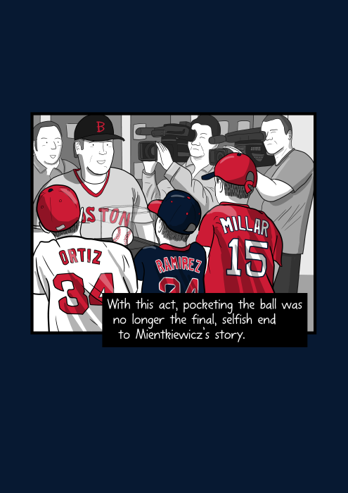 View of backs of young boys wearing Boston Red Sox team apparel. With this act, pocketing the ball was no longer the final, selfish end to Mientkiewicz’s story.