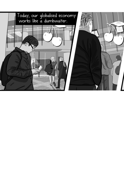 Black and white illustrations of shoppers outside apple store, waiting for store to open. Today, our globalised economy works like a dumbwaiter.