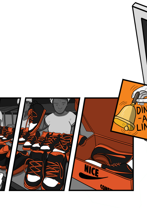 Cartoon comics art of Nike shoes factory, with workers on assembly line putting sneakers into shoeboxes.