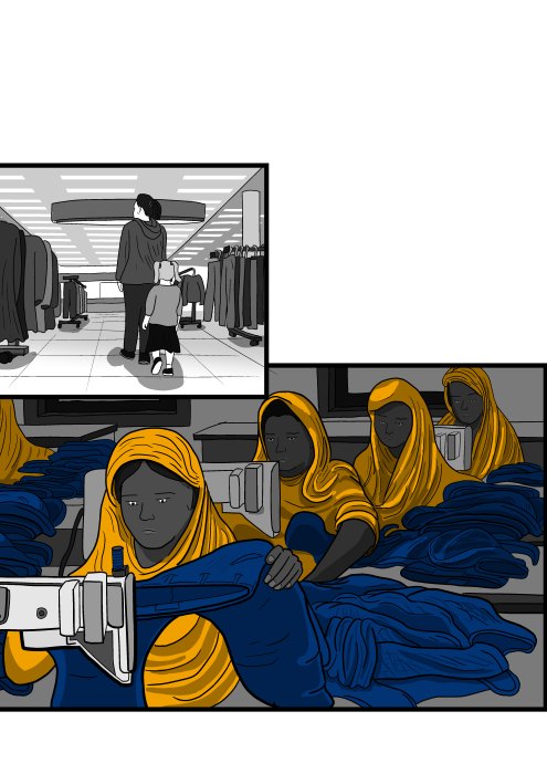 Drawing of rows of women working in sweatshop, sewing blue jeans together.