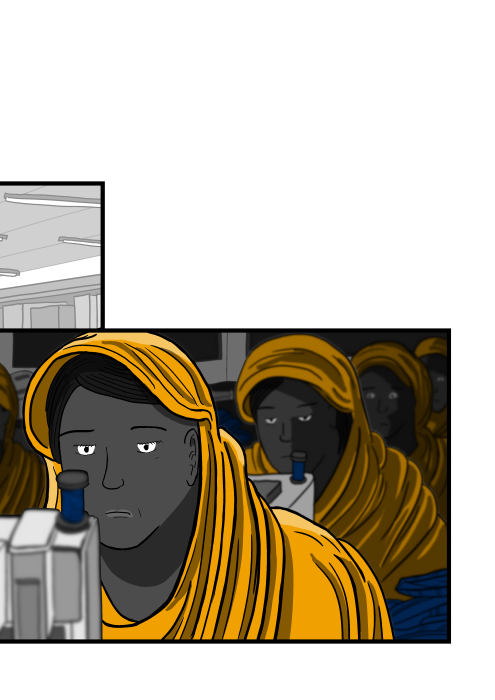 Tired-looking women wearing headscarves looking at viewer - cartoon illustration. Drawing of women working inside sweatshop, lined up in a row.