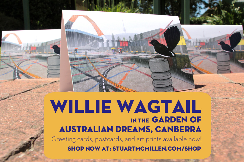 Willie Wagtail in the Garden of Australian Dreams: greeting cards, postcards, and art prints available at my online store