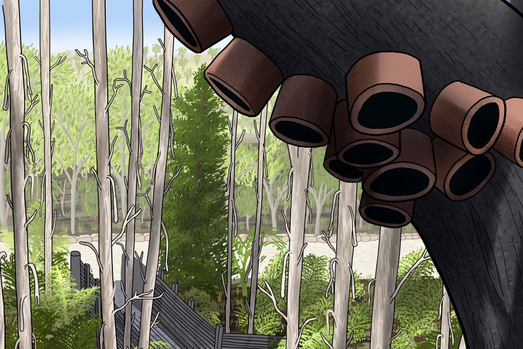 Image detail: the metalwork art on the tree trunk at the Paperbark treehouse