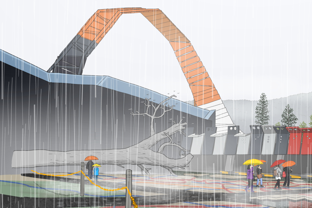 The orange loop of the National Museum of Australia (NMA) on a rainy day: drawing